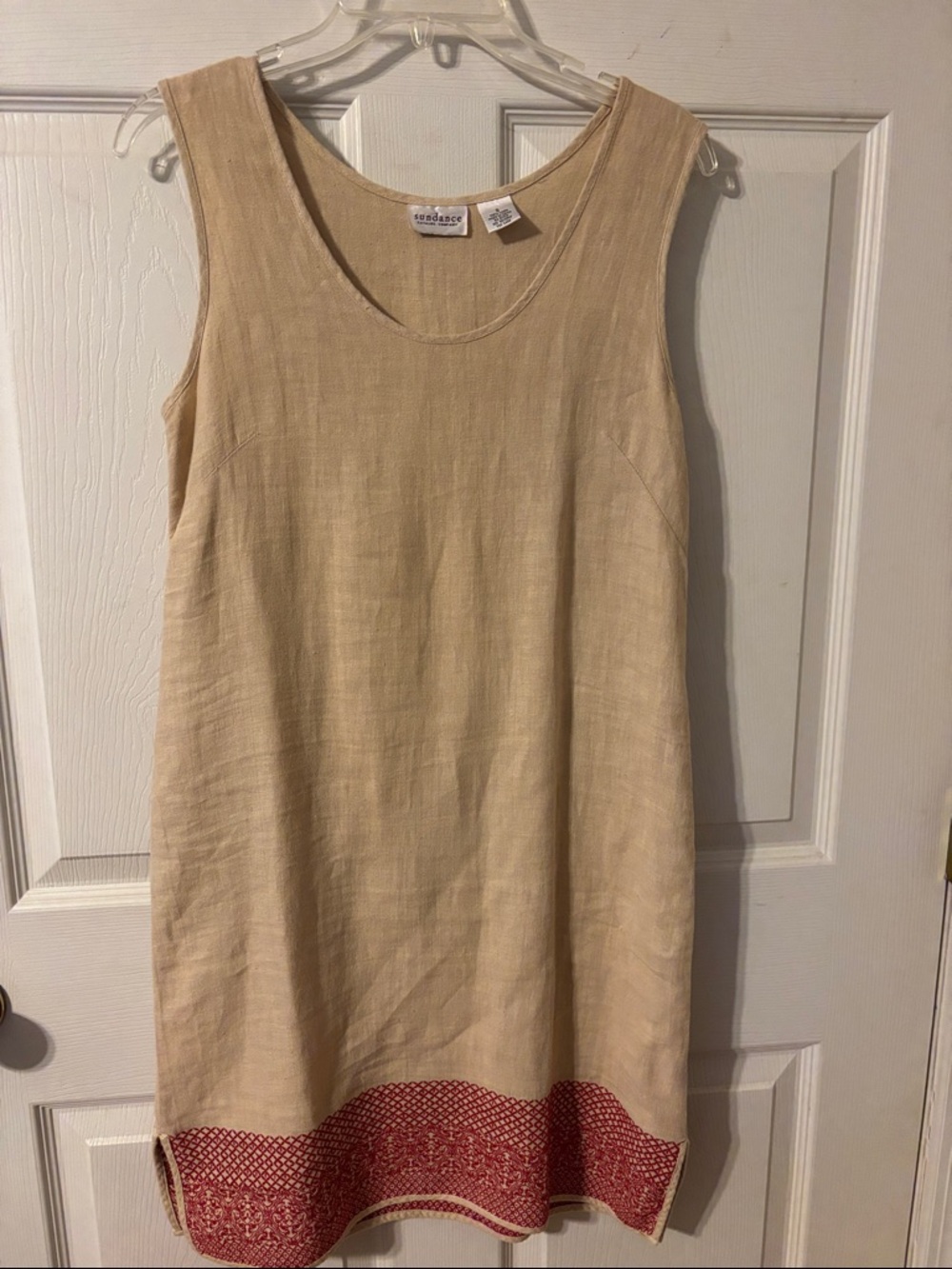 Sundance Beige Linen Sleeveless Dress with embroidered Red Border size small